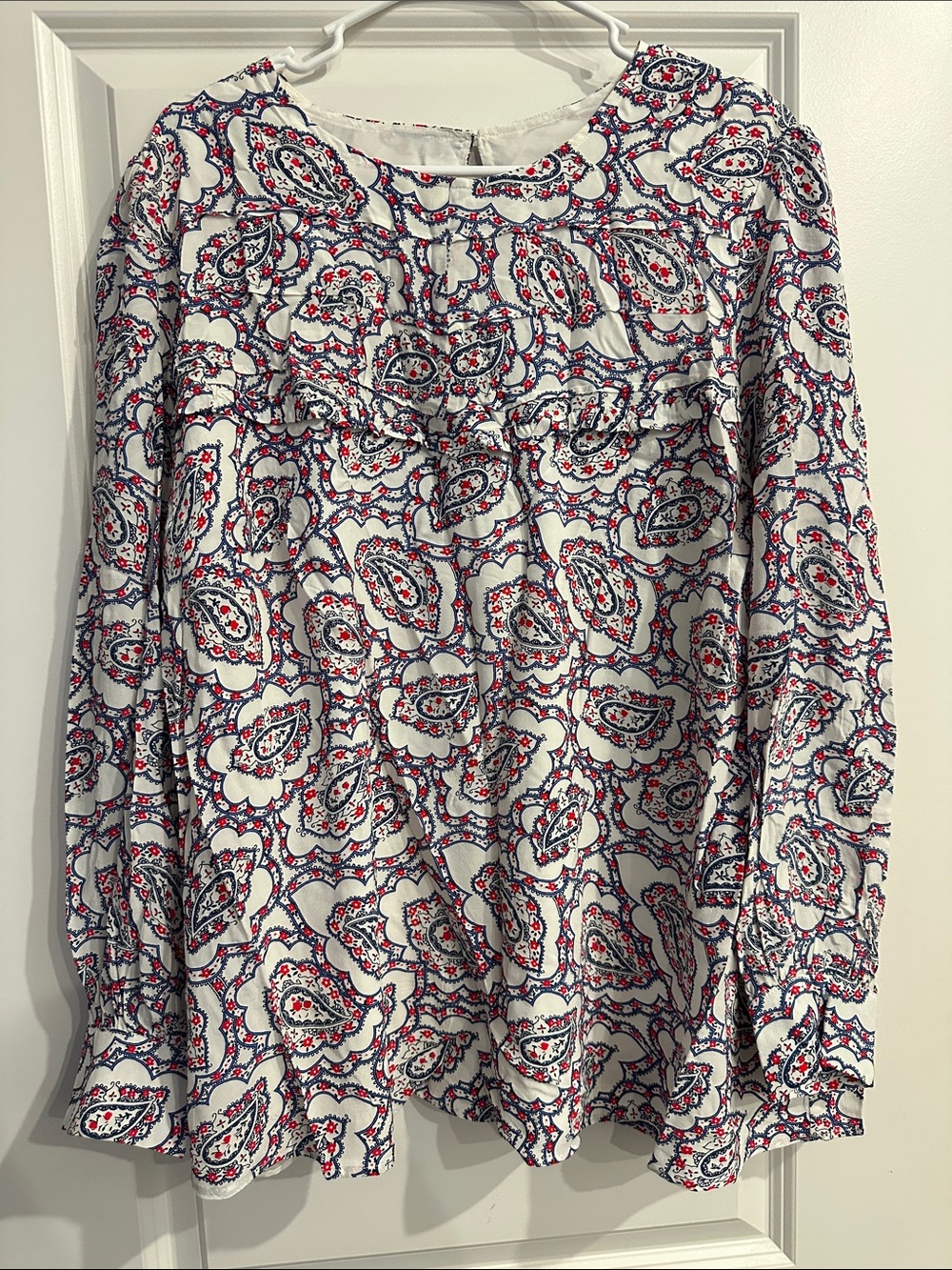 NWT Talbots White Paisley Ruffle-Front Long Sleeve Top with Red and Navy Print
